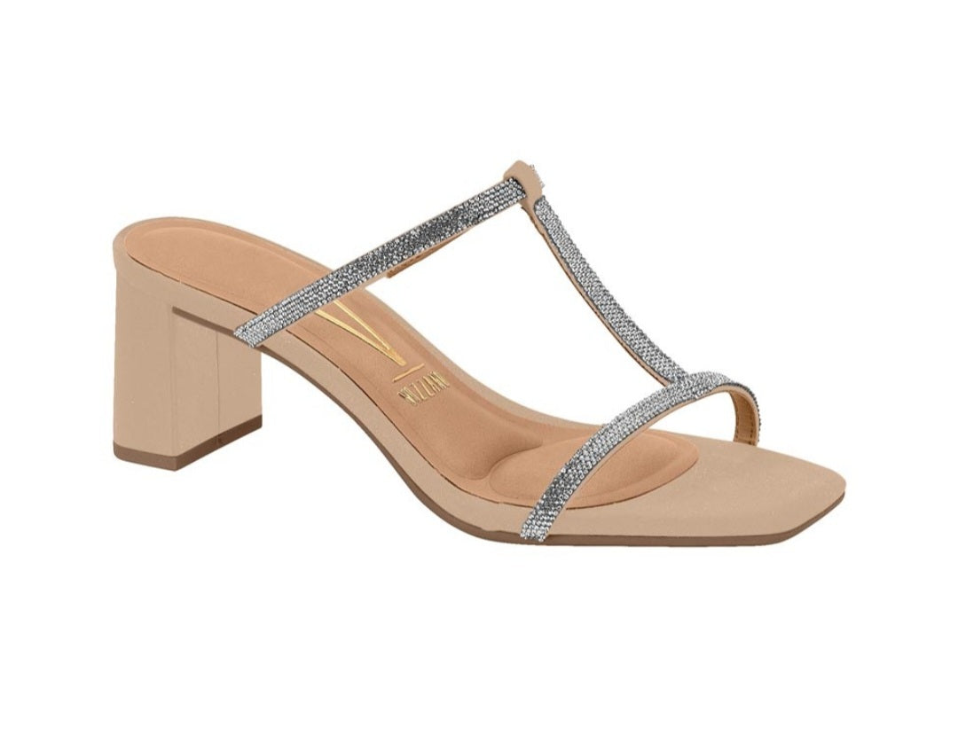 Vizzano T-Strap Embellished Low Block Heel Sandal (Beige)